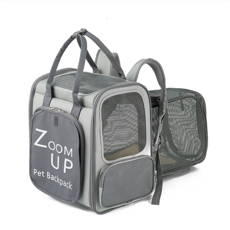 Expandable section opened for extra space inside pet backpack carrier