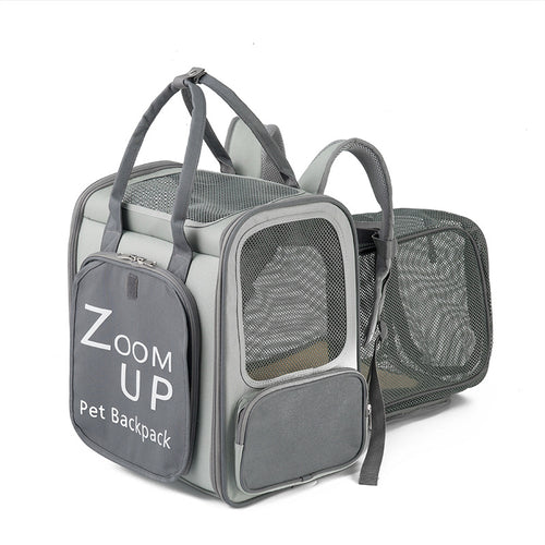 Expandable section opened for extra space inside pet backpack carrier