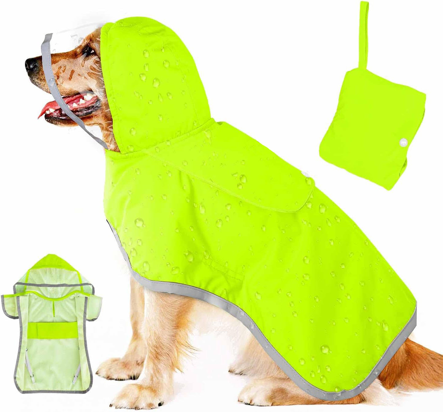 Foldable dog raincoat packed into small pouch