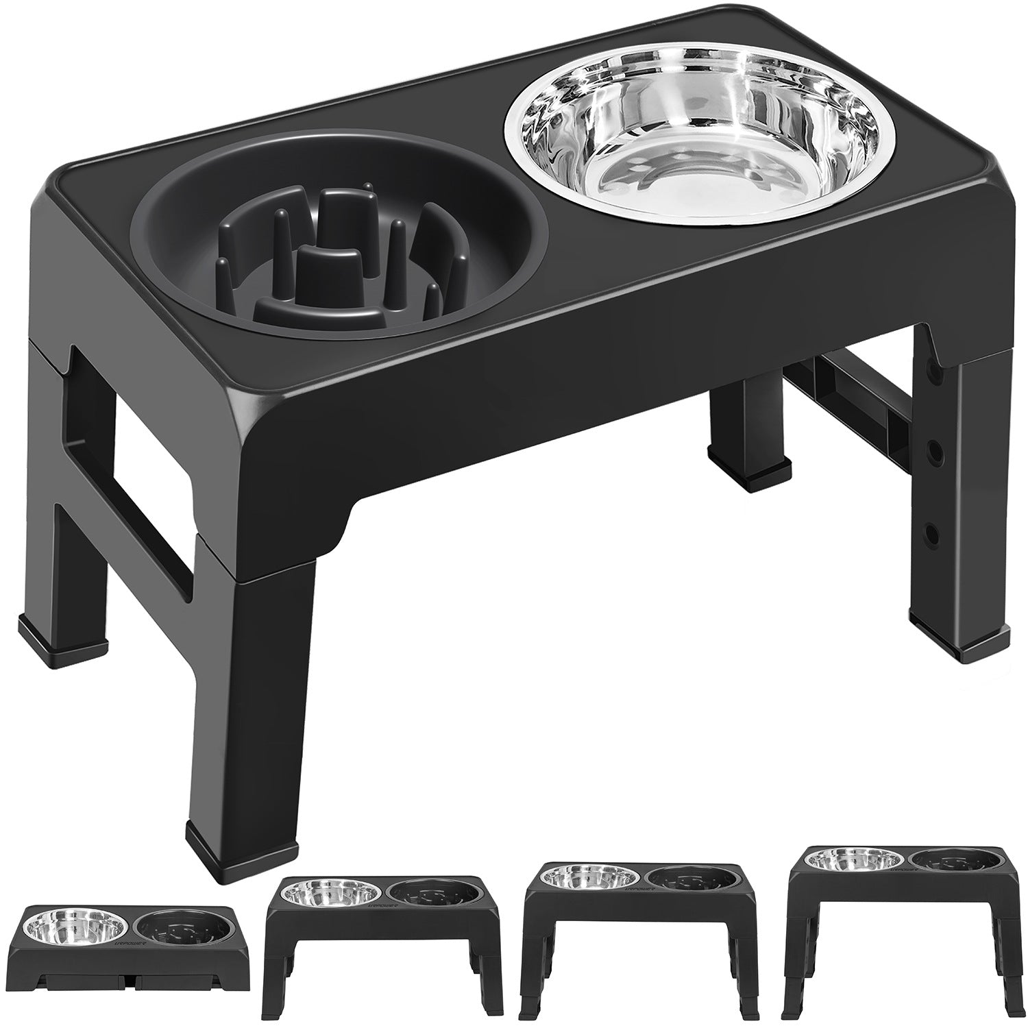 Adjustable elevated dog feeder with slow feeder and stainless steel bowl