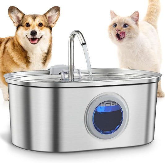 Stainless steel pet water fountain with flowing spout and water window