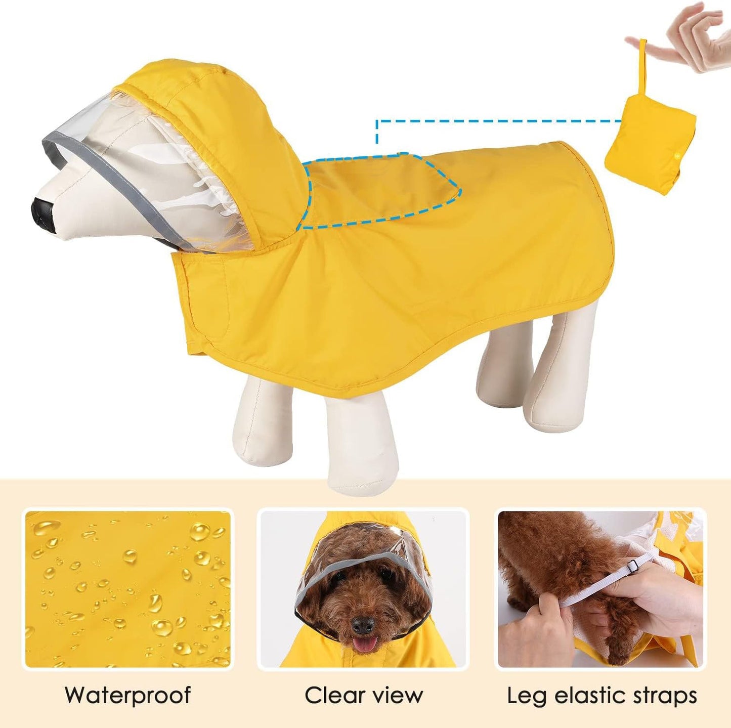 Waterproof Dog Raincoat with Clear Hood & Reflective Trim