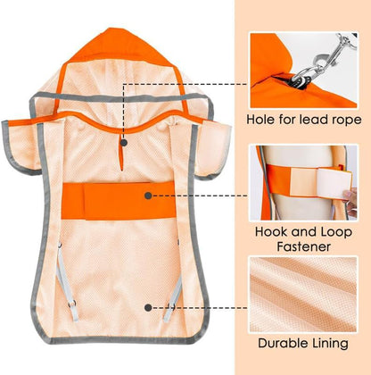 Dog raincoat with Velcro fastener around the belly and elastic leg straps