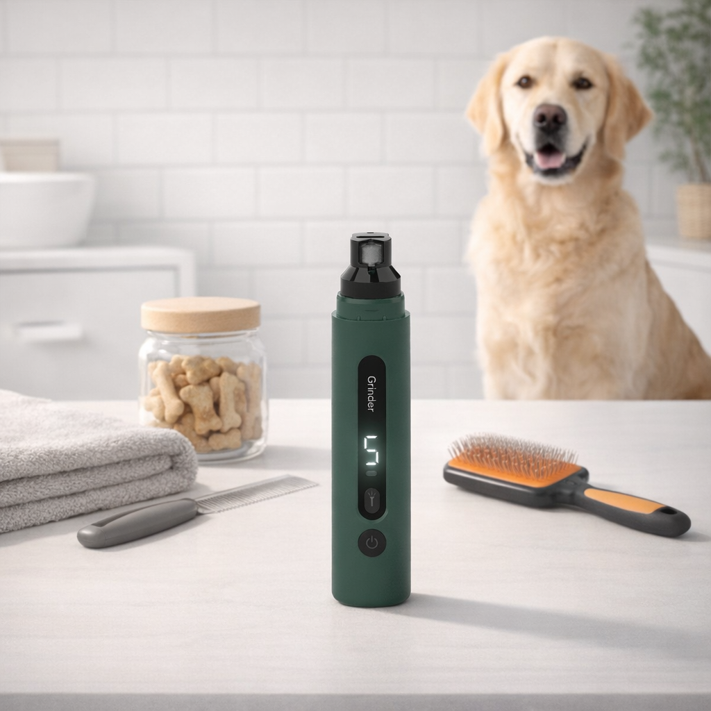Rechargeable dog and cat nail grinder with LED light and 5-speed control for safe, beginner-friendly at-home grooming.