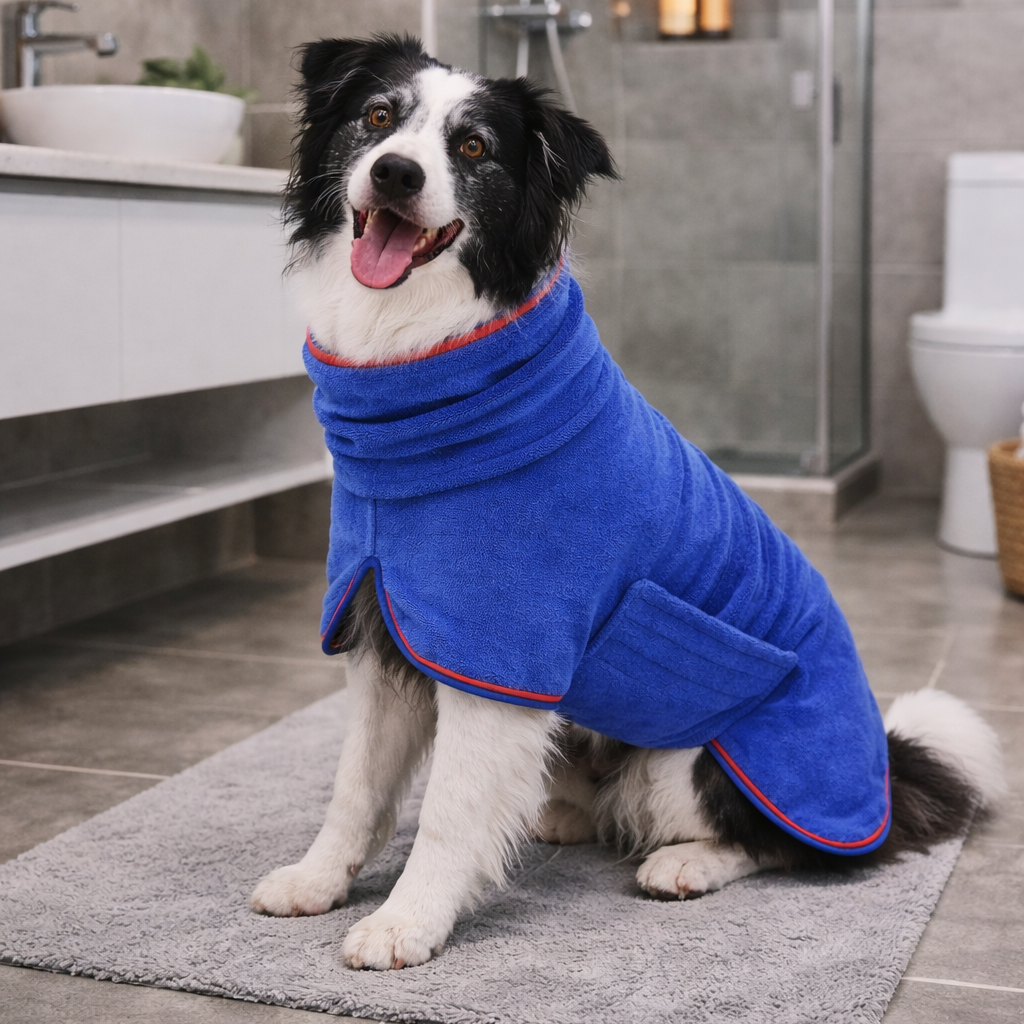 Dog wearing a blue dryer towel in a bathroom
