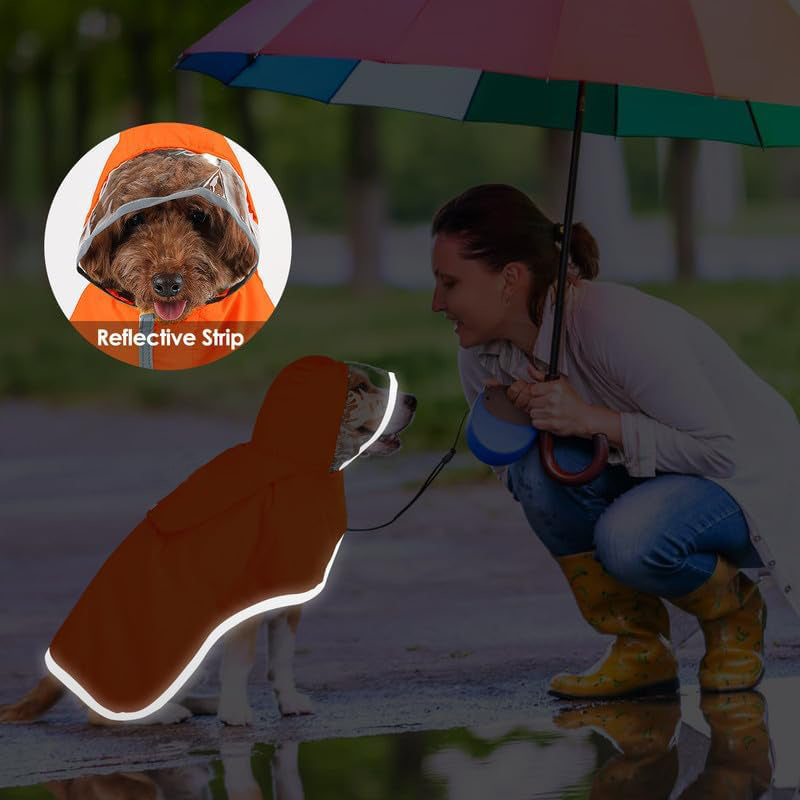 Reflective edge trim on waterproof dog raincoat