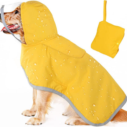Yellow waterproof dog raincoat with clear hood brim