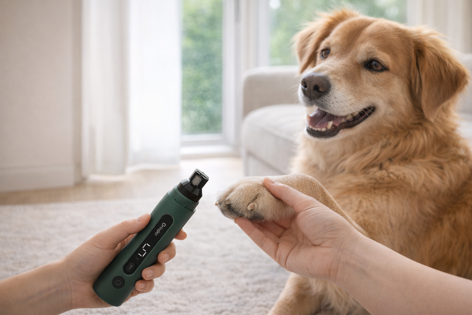Rechargeable pet nail grinder with LED, designed for gentle dog and cat nail care.