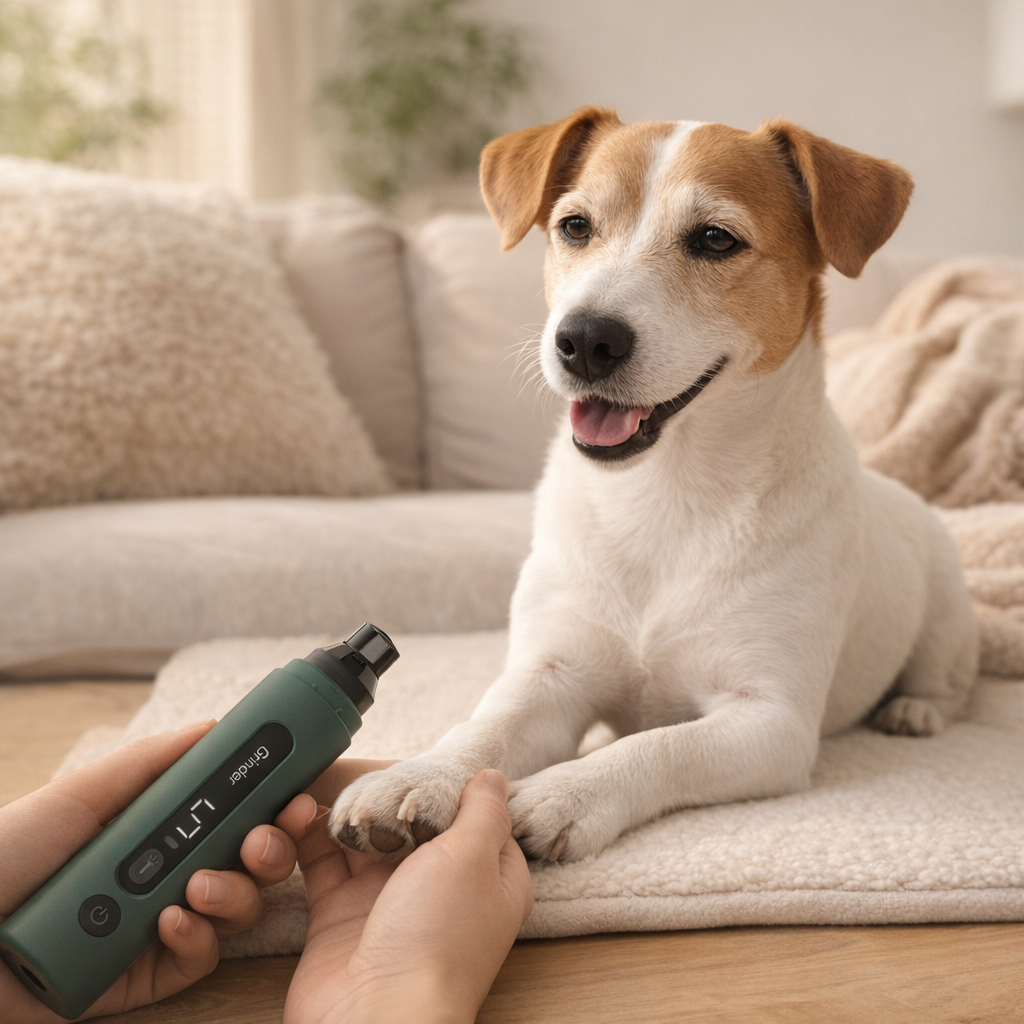 Quiet rechargeable pet nail grinder with LED for calm, stress-free nail trimming for nervous dogs and cats.