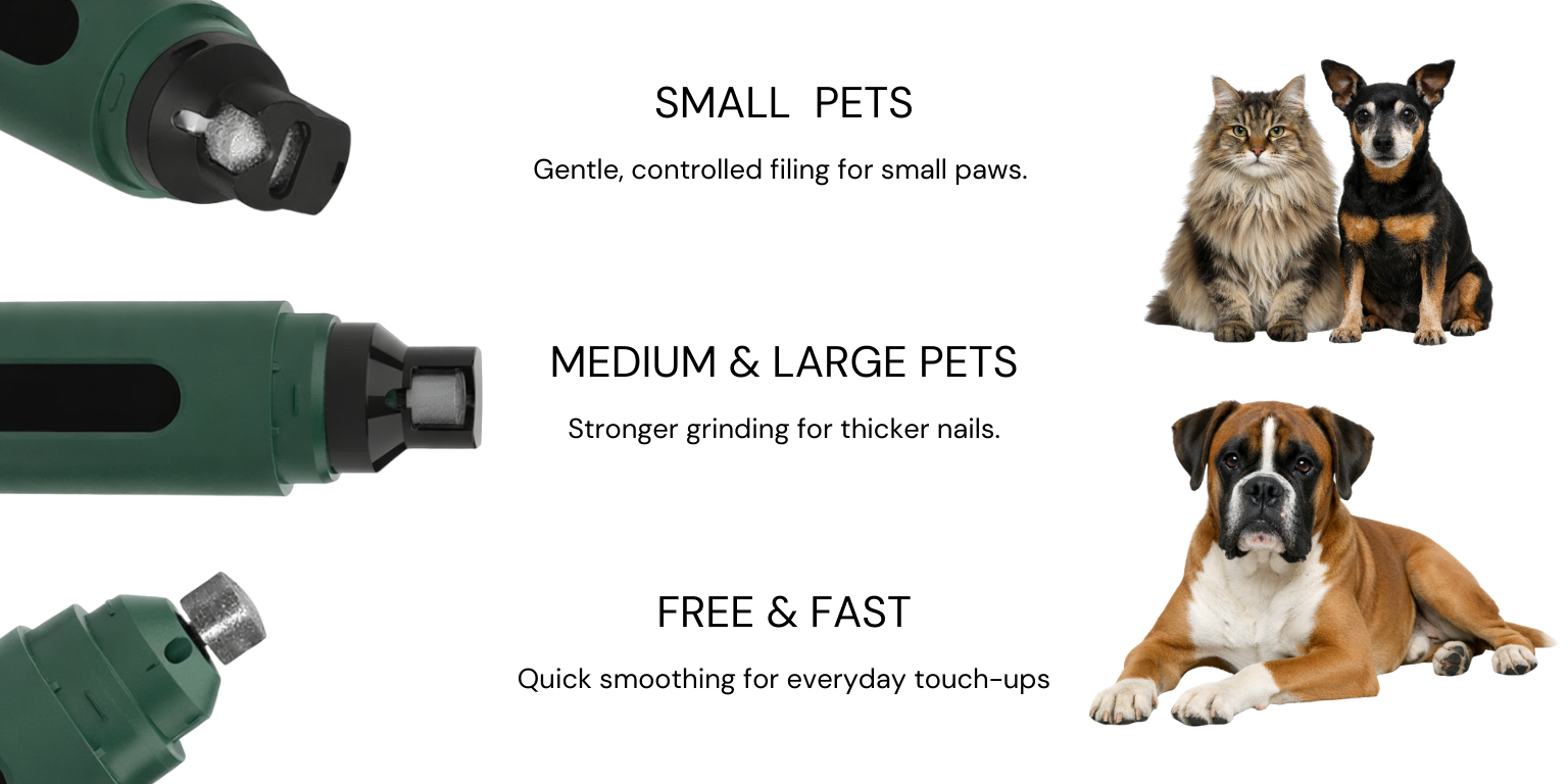 Pet nail grinder for cats and dogs with three interchangeable grinding heads: for small pets, for medium and large pets, and  for quick everyday nail smoothing.