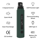 Super-quiet 46 dB rechargeable pet nail grinder for nervous pets, with 5-speed control, bright LED precision light, diamond grinding wheel, dust-free design, USB-C charging, up to 7 hours battery life, and CE certification for safer at-home nail care.