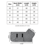 Size chart for a dog bathrobe with sizes from XS to XL for all kind of breeds.