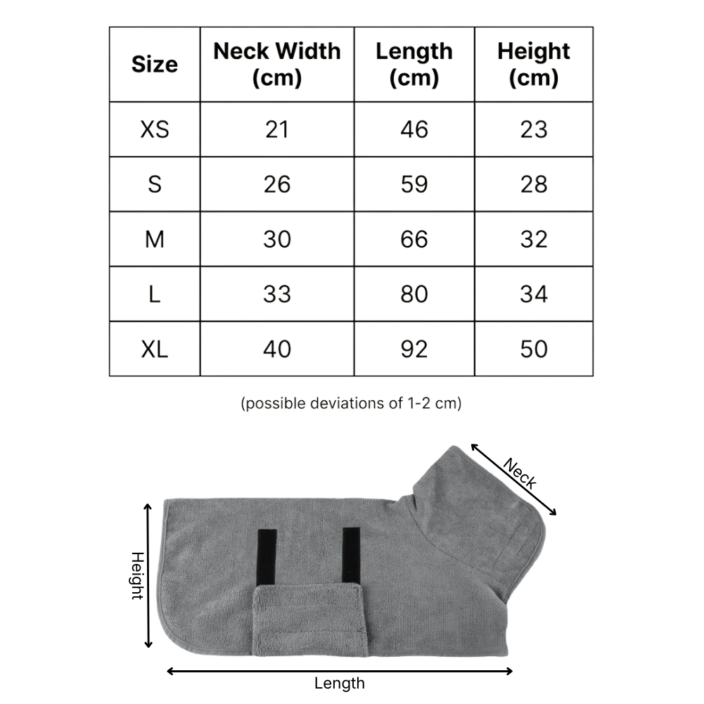 Size chart for a dog bathrobe with sizes from XS to XL for all kind of breeds.