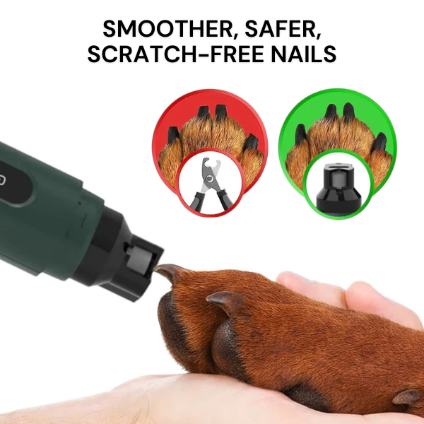 Side-by-side comparison showing clippers leaving a sharp nail edge versus a nail grinder smoothing and rounding the tip to reduce scratches and snagging.